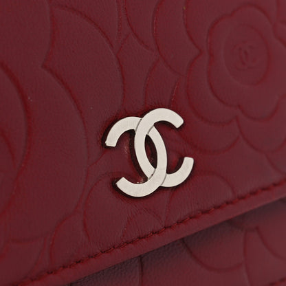 Lambskin Camellia Embossed Wallet on Chain WOC Red