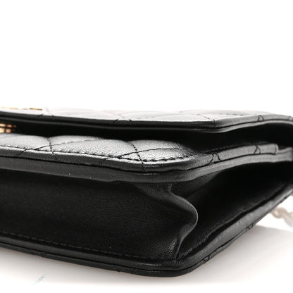 Lambskin Quilted Pearl Wallet On Chain WOC Black