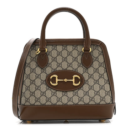 GG Supreme Monogram Azalea Calfskin Small Horsebit 1955 Top Handle Bag Beige Ebony Brown Sugar
