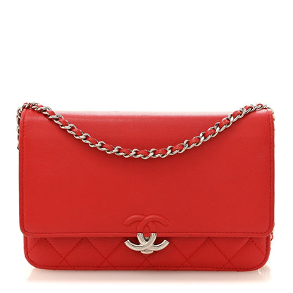 Grained Calfskin Quilted CC Box Wallet On Chain WOC Red
