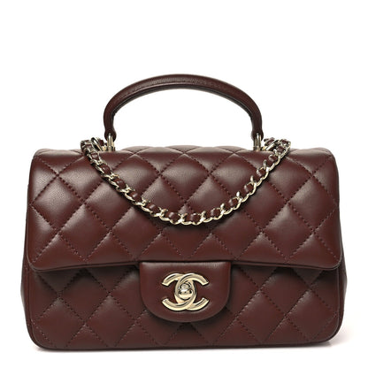 Lambskin Quilted Mini Top Handle Rectangular Flap Dark Brown
