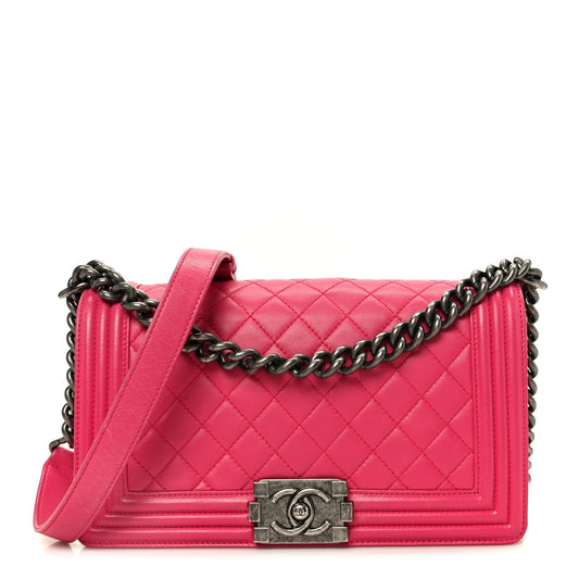 Lambskin Quilted Medium Boy Flap Dark Pink