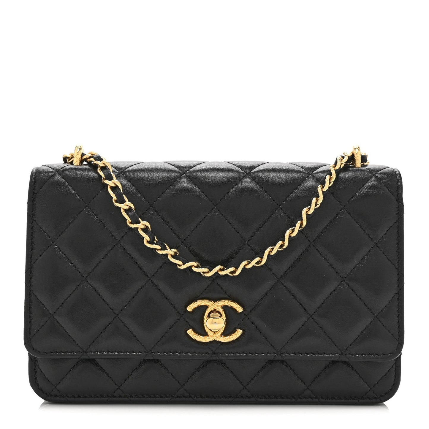 Shiny Lambskin Quilted Dynasty Wallet On Chain WOC Black