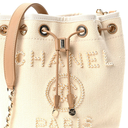 Canvas Pearl Deauville Drawstring Bucket Bag Ecru Beige