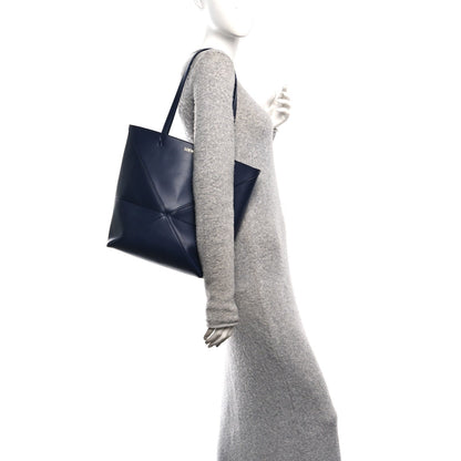 Shiny Calfskin XL Puzzle Fold Tote Abyss Blue