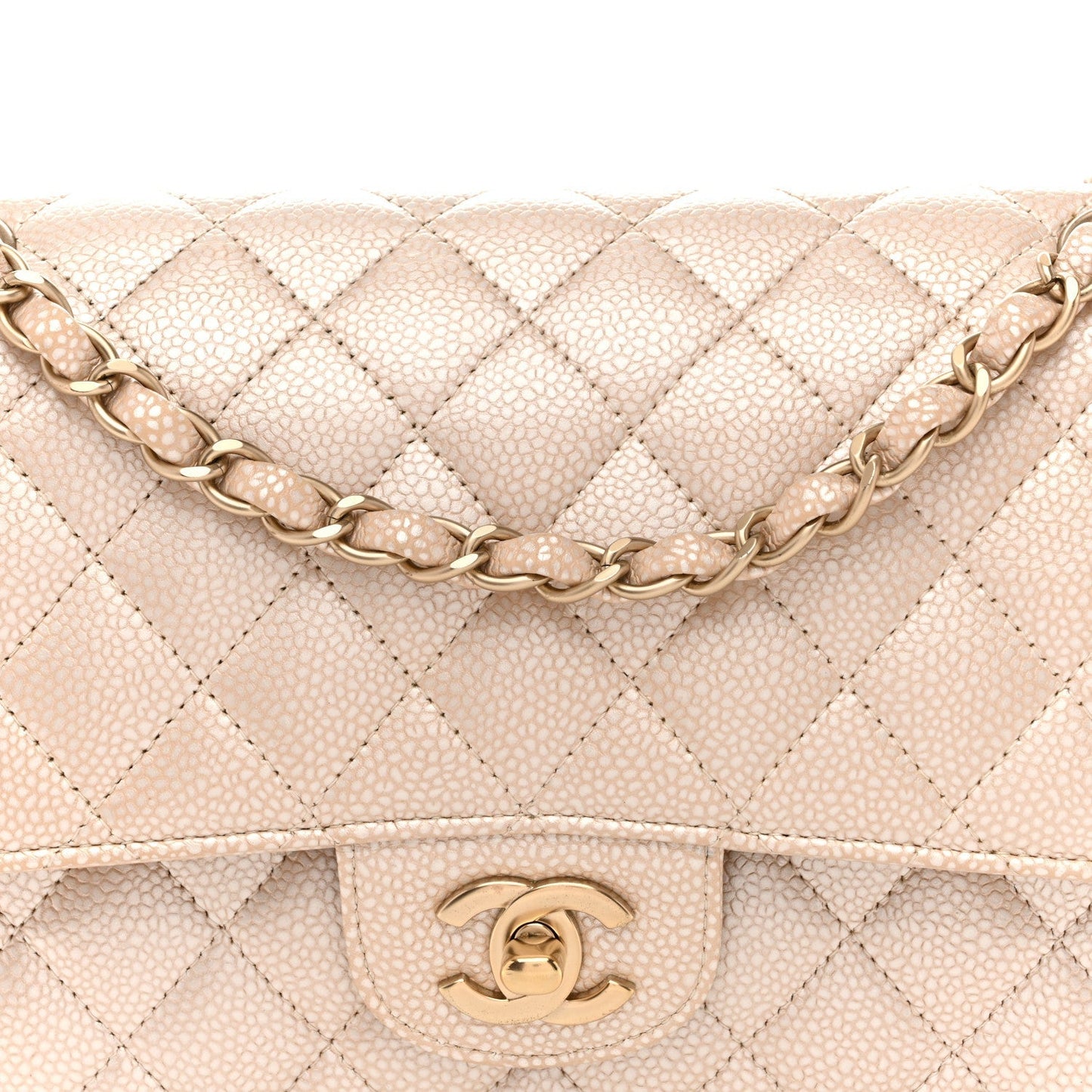 Pearly Caviar Quilted Medium Double Flap Light Beige