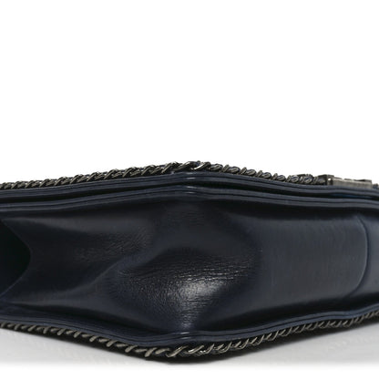 Glazed Calfskin Quilted New Medium Boy Chained Flap Navy