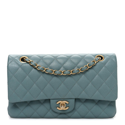Iridescent Caviar Quilted Medium Double Flap Light Blue