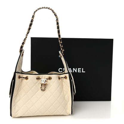 Braided Raffia Calfskin Quilted Small Chanel 25 Handbag White Black