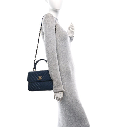 Lambskin Chevron Quilted Small Trendy CC Flap Dual Handle Bag Navy
