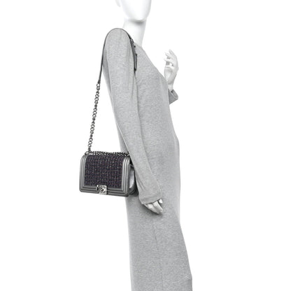 Tweed Metallic Lambskin Medium Boy Flap Silver