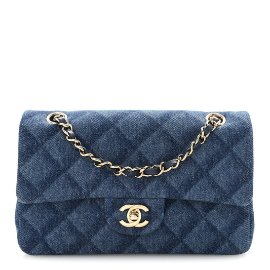 Printed Denim Quilted Small Double Flap Blue