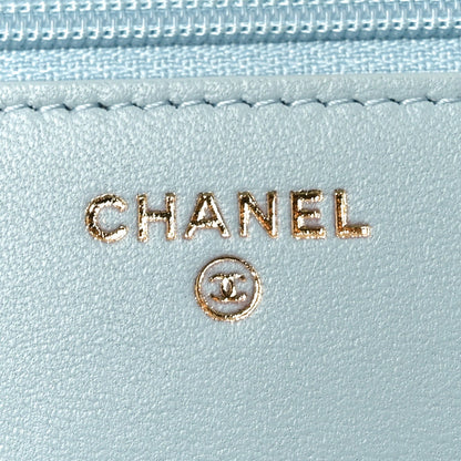 Lambskin Quilted Trendy CC Wallet On Chain WOC Light Blue