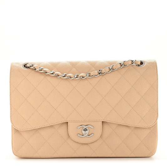 Caviar Quilted Jumbo Double Flap Beige Clair