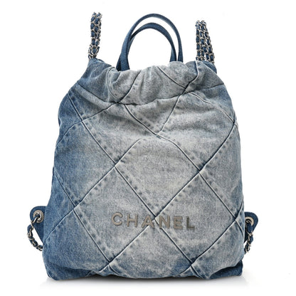 Denim Quilted Chanel 22 Backpack Blue